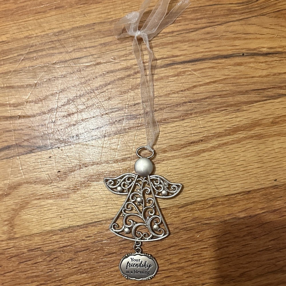 Silver Angel Ornament with Cream Ribbon